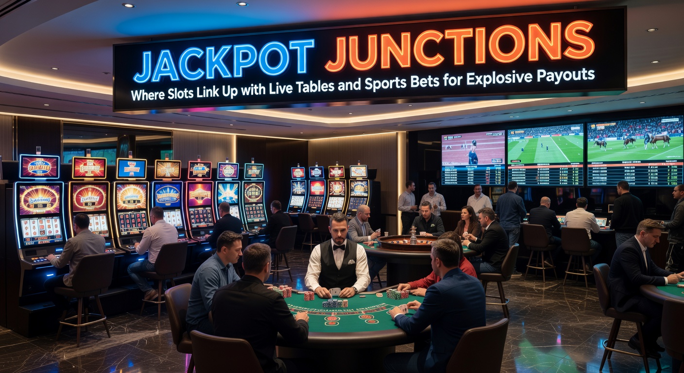 Bunte Slot-Maschinen mit leuchtenden Jackpot-Anzeigen, verbunden mit Live-Tischspielen und Sportwetten-Bildschirmen