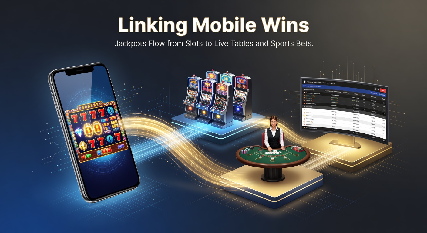 Smartphone zeigt vernetzte Jackpot-Slots mit Live-Tisch- und Sportwetten-Integration, farbenfrohe Grafiken von fließenden Gewinnen