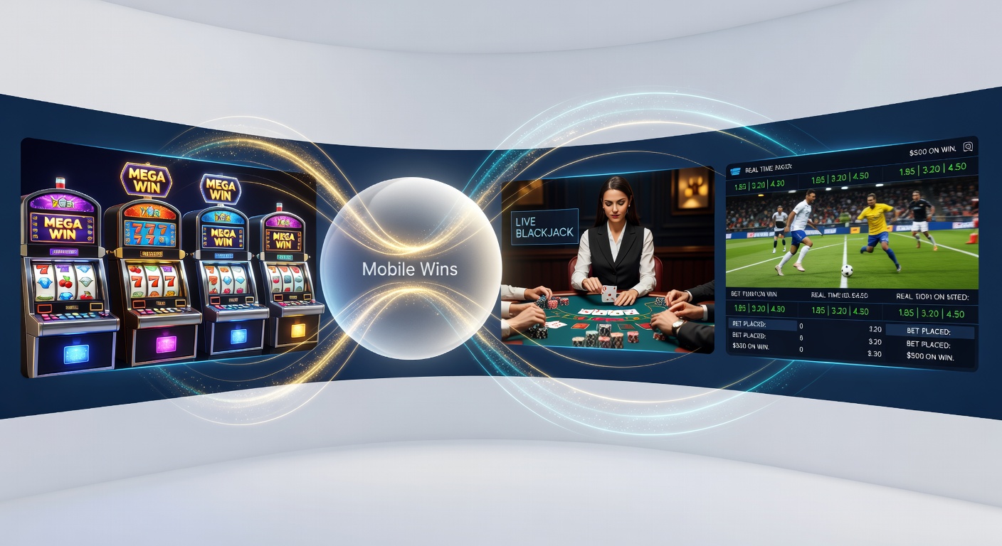 Dynamische Grafik eines wachsenden Jackpots, der von Slot-Rollen zu Live-Dealer-Tischen und Sportwetten-Screens fließt, mit mobilen Icons
